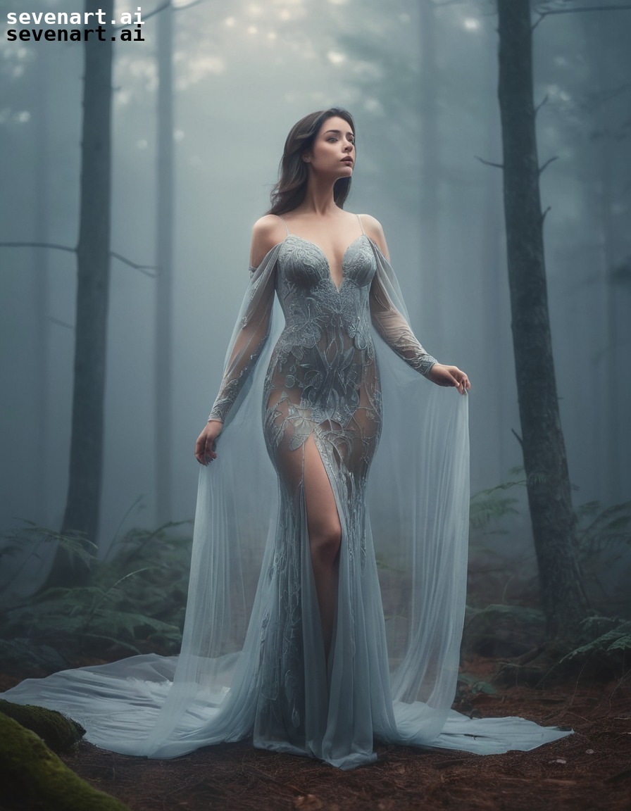 woman, forest, misty, gown, alluring