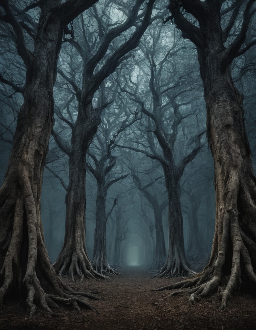 mystical, ancient trees, grove, secrets, nature, whispering, mystery