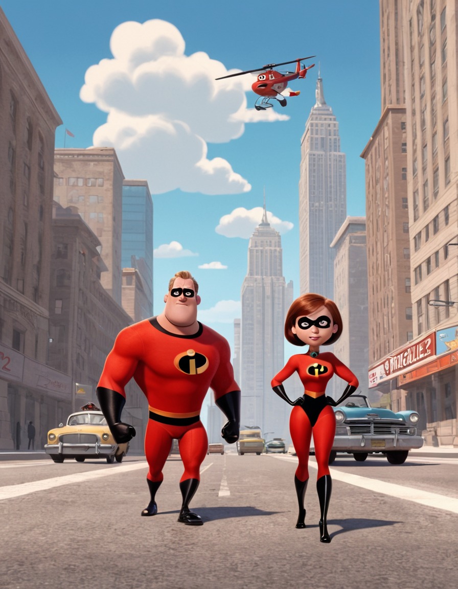 incredibles 2, 2018, animated movie, superheroes, family dynamics, pixar, painted scene