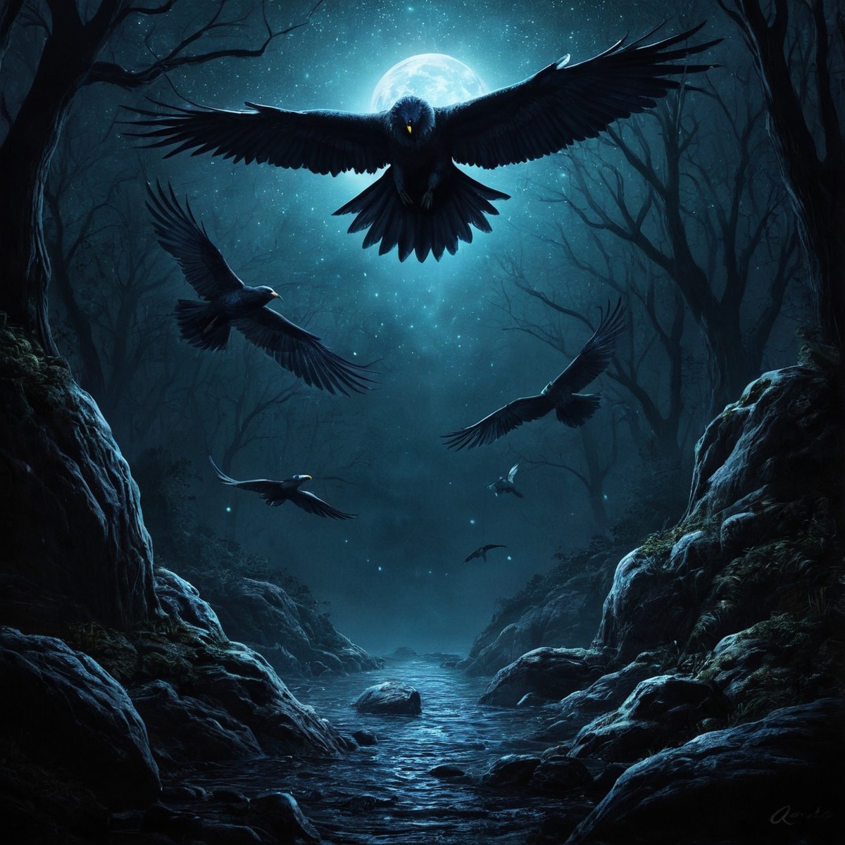 digitalart, magic, fantasyart, forest, bird, crows, ravens