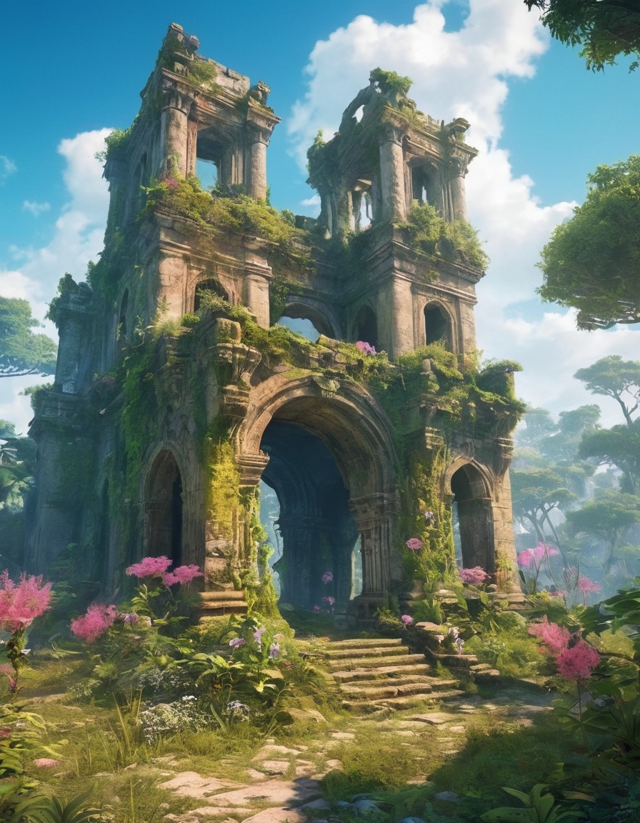 ancient ruin, vibrant flora, mysterious beings, forgotten civilization, fantasy, nature, mythology, fantastic