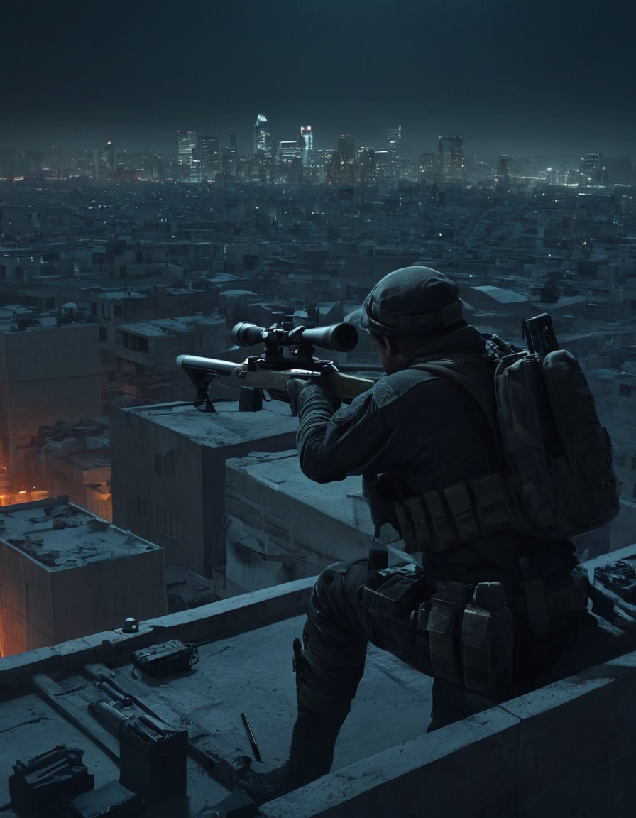 sniper, rooftop, city, aiming, surveillance, war, usa