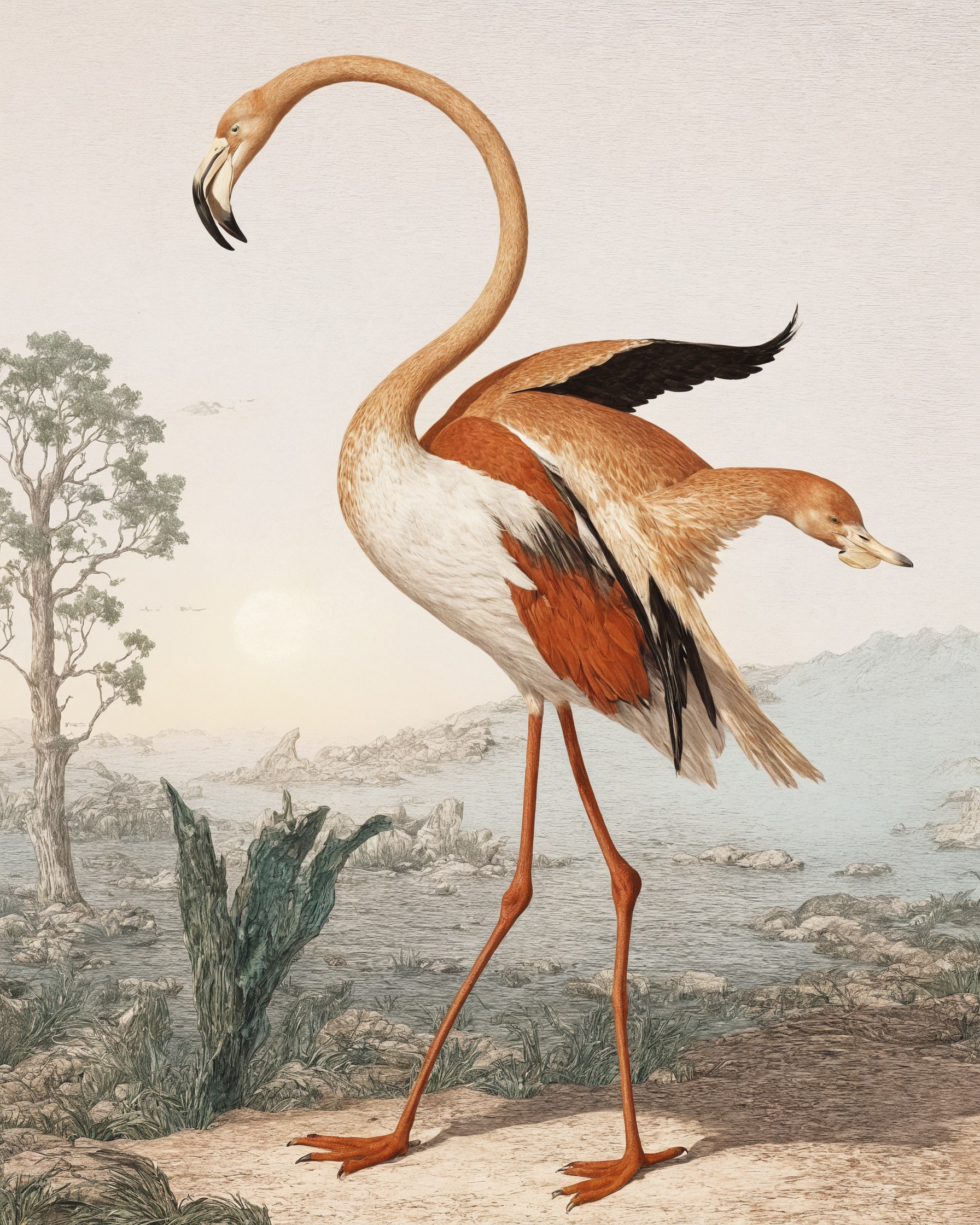 scientific illustration, birds, flamingos