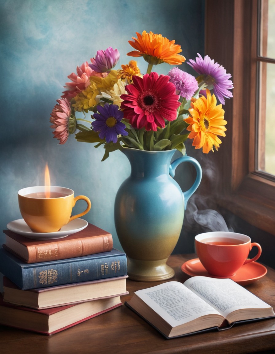 flowers, books, tea, still life