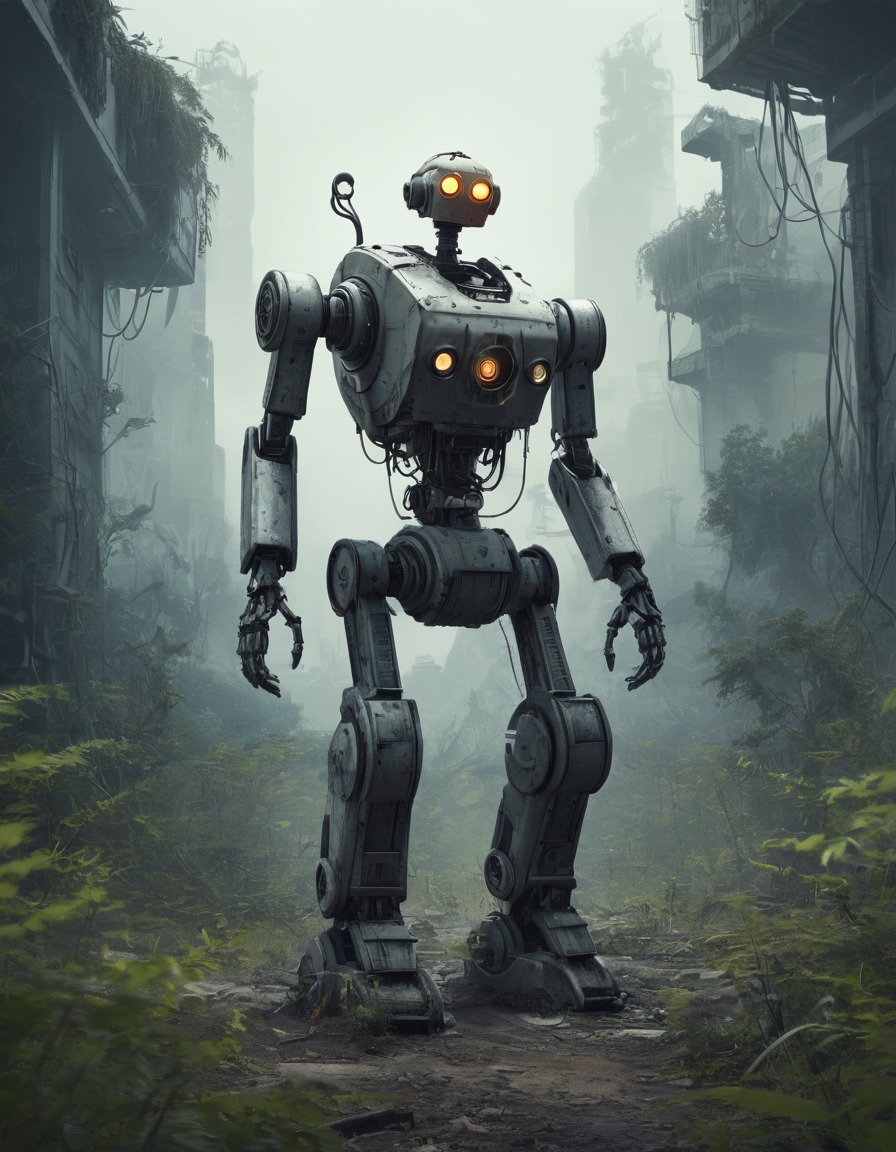 post-apocalyptic, robot, exploration, overgrown, mysterious, robots