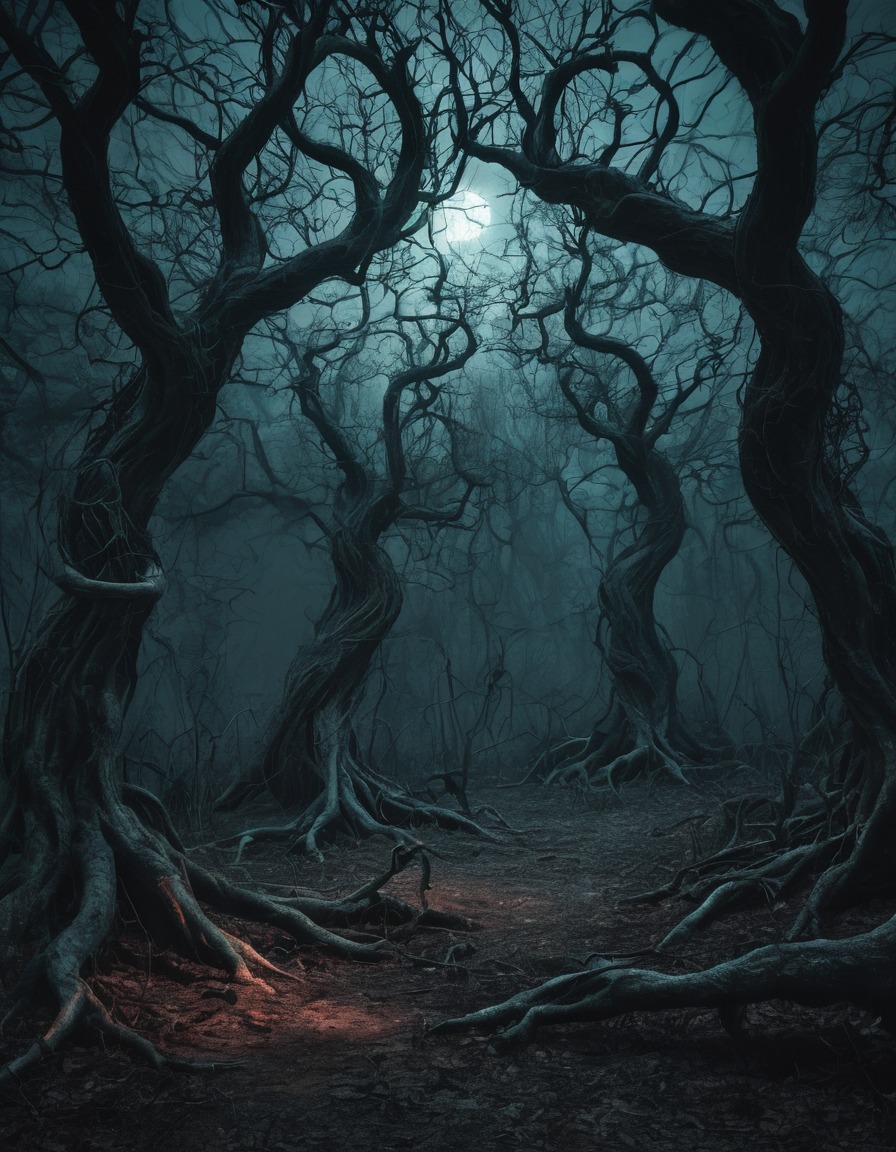 haunted forest, twisted trees, gnarled trees, eerie lights, gothic, underground, dark