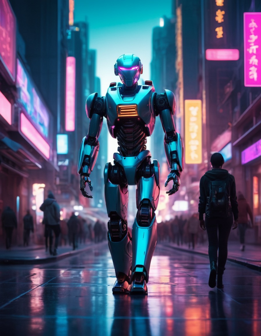 futuristic, robot, city, night, neon lights, technology, robots