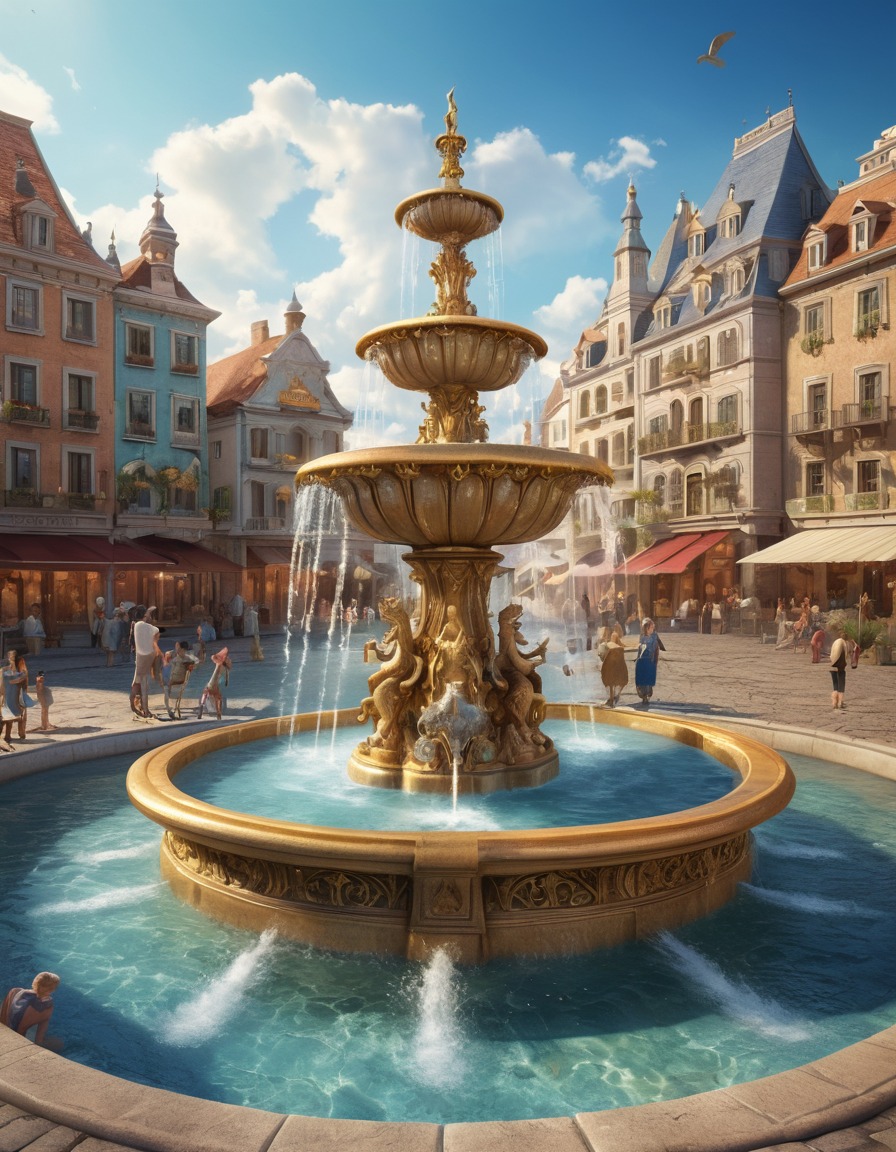 fantasy, fountain, town square, magical creatures, gathering, fantastic