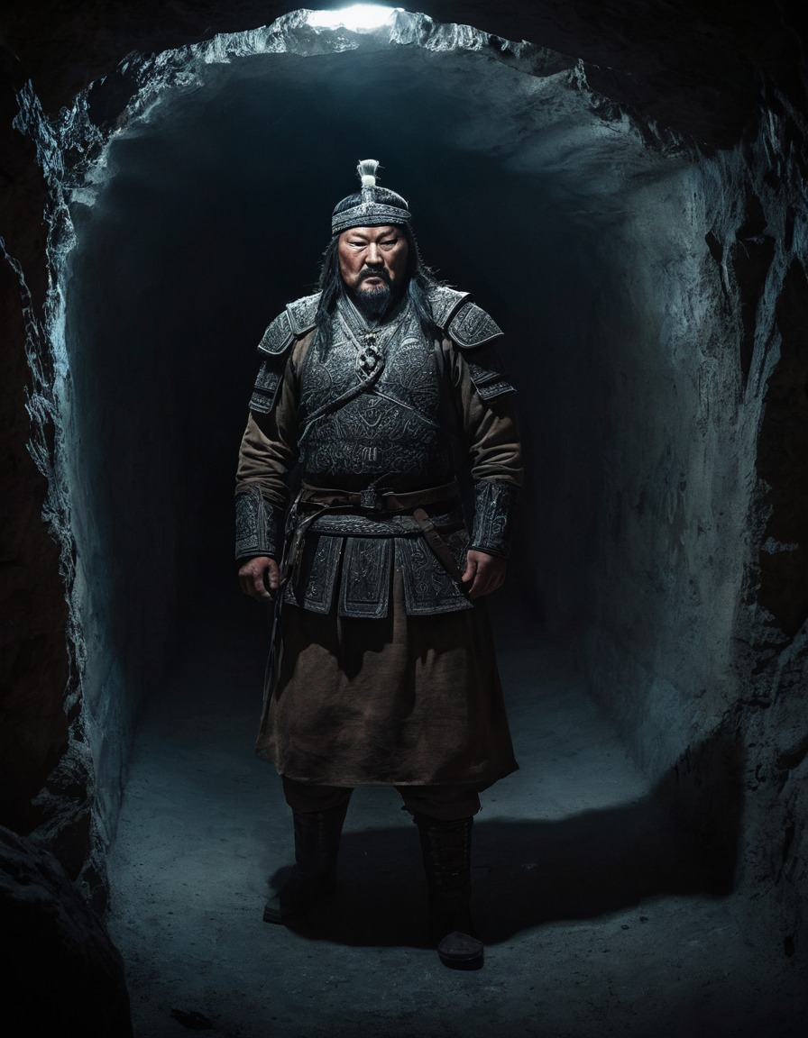 genghis khan, historical figure, conqueror, mongol empire, shadows, underground chamber, dramatic pose