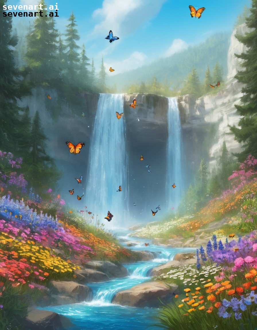 nature, waterfall, wildflowers, butterflies, tranquil