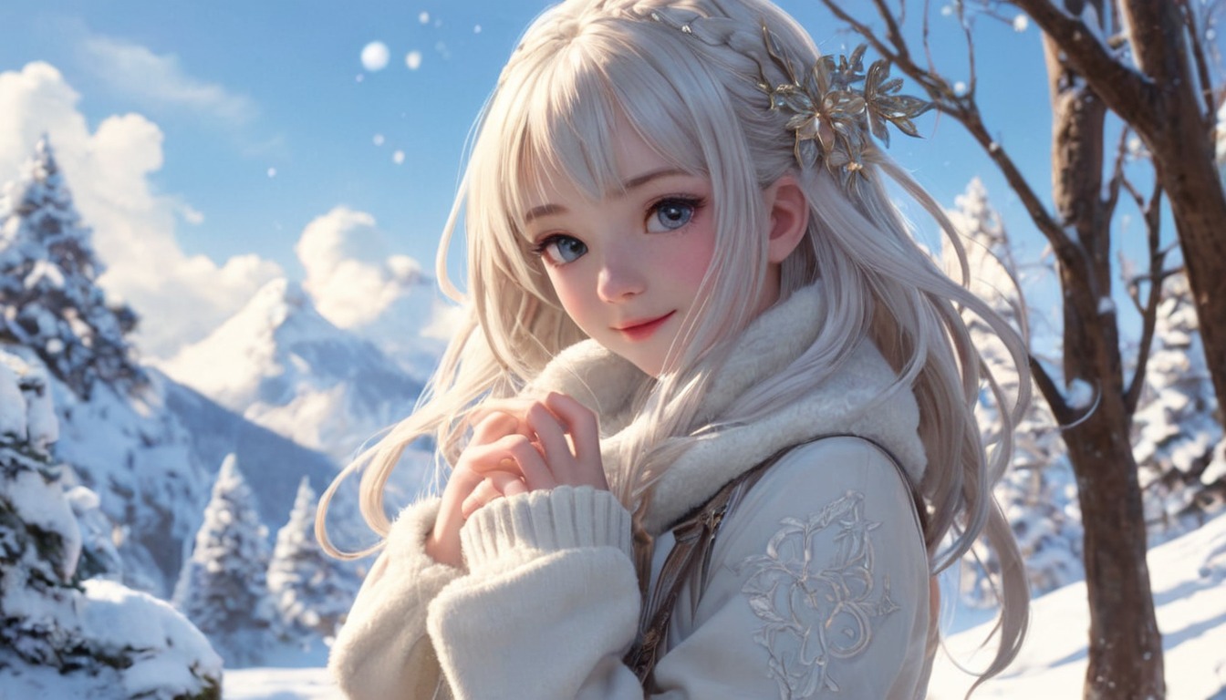 anime, animegirl, wallpaper, mountain, snow, sweaterweather