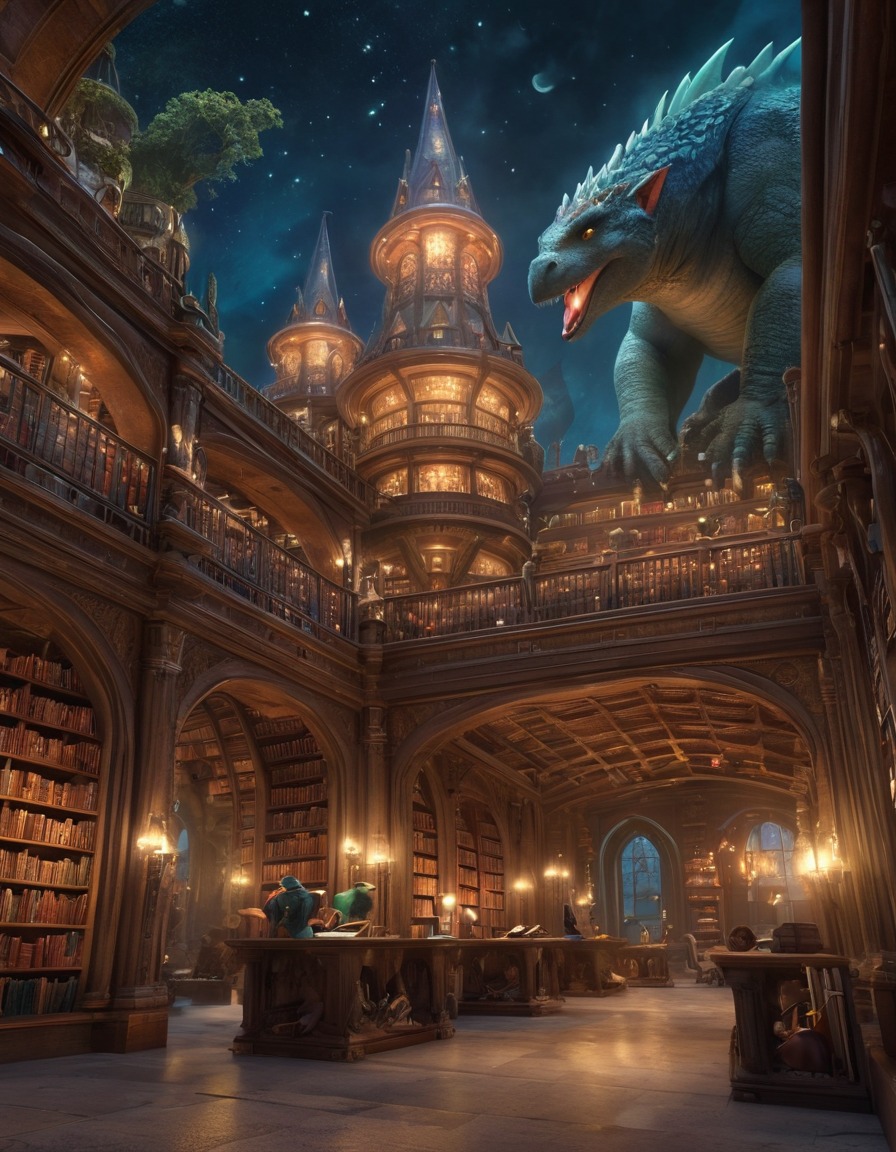 fantasy, library, fictional creatures, magical, urban fantasy, big city, literature