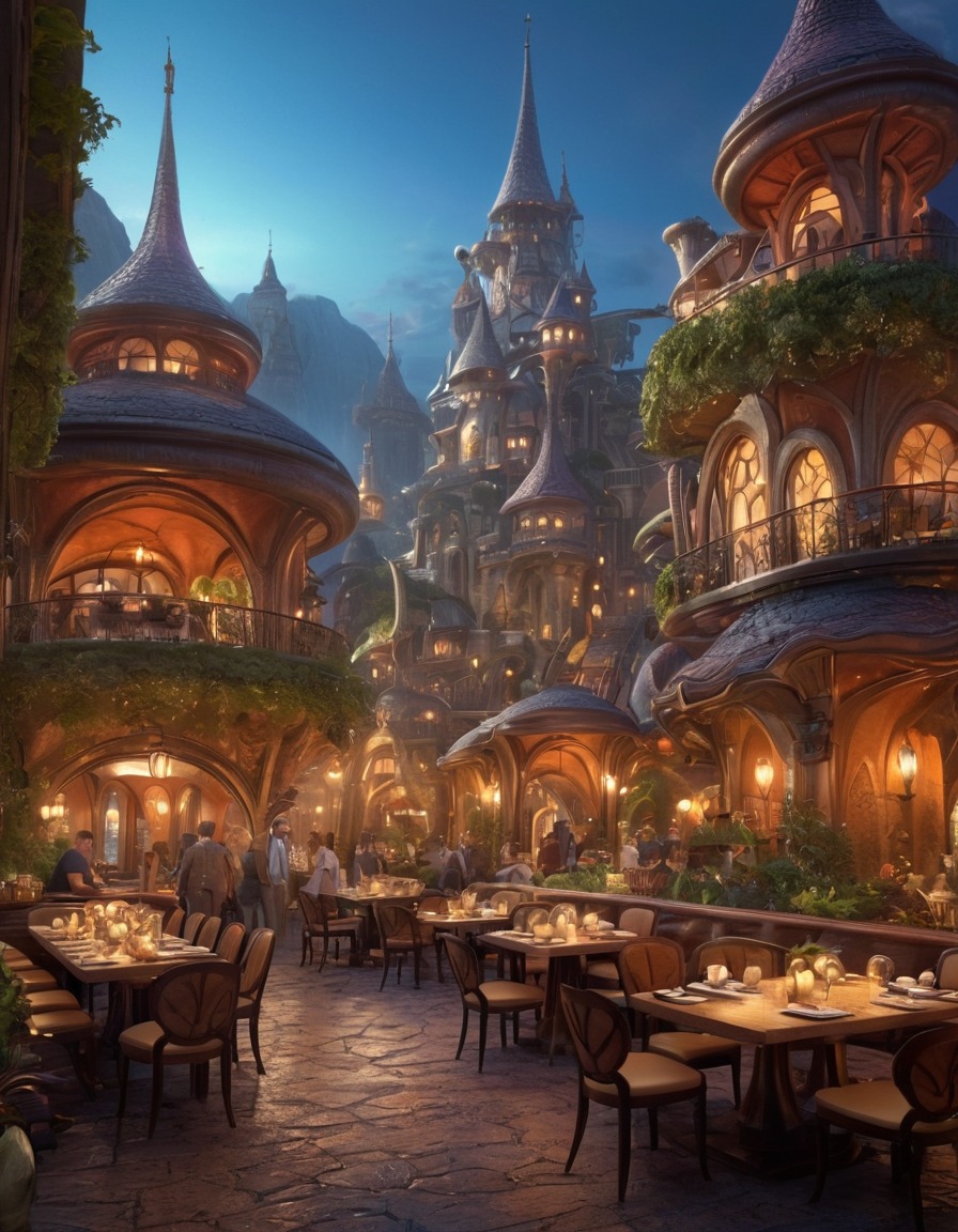 fantasy, restaurant, fictional creatures, city, imaginary, magical, dining experience