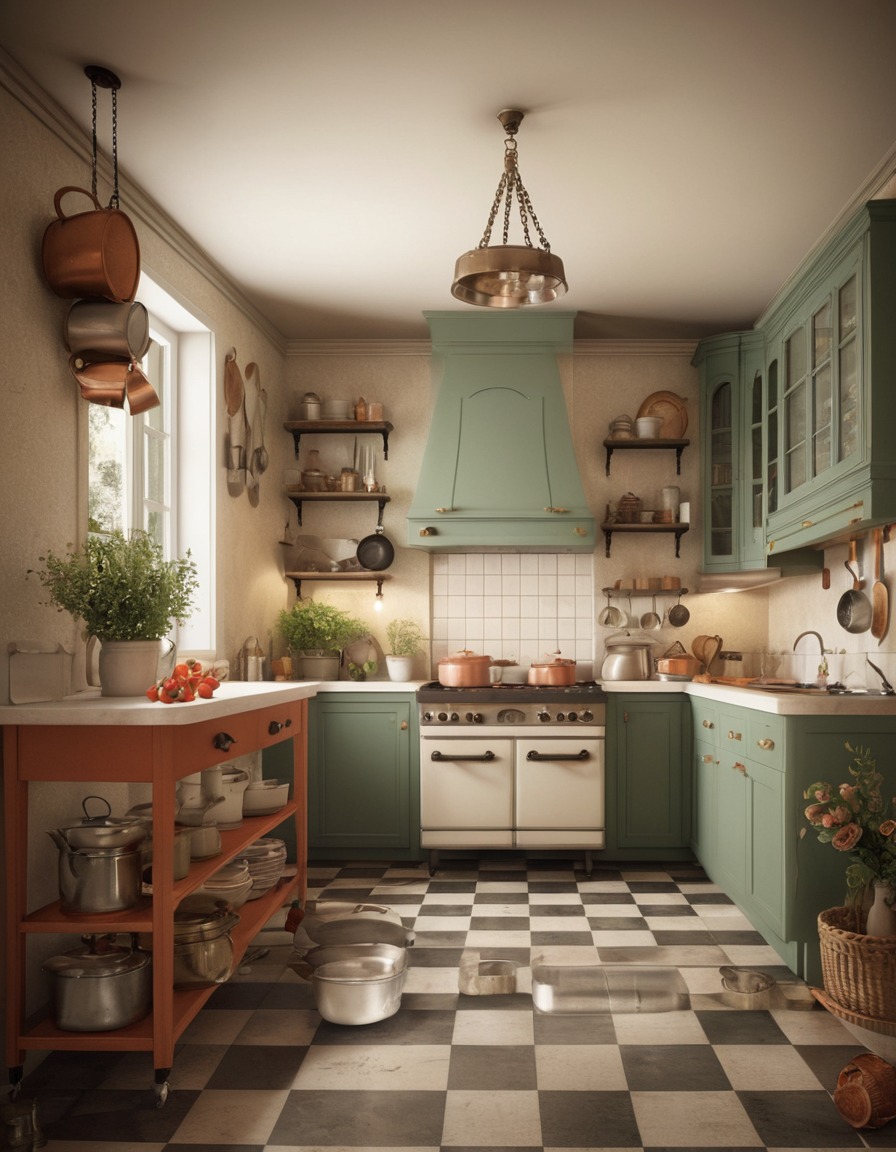 kitchen, checkered floors, hanging pots, vintage stove, cozy, home decor, home, interior