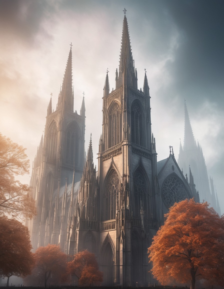 gothic cathedral, fog, spires, architecture, religious, majestic