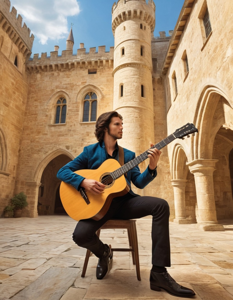 musician, troubadour, electric guitar, castle courtyard, medieval, art