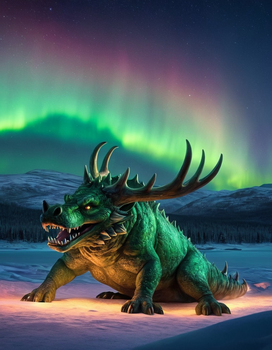 Illustrate a majestic Hodag resting under the shimmering glow of the ...