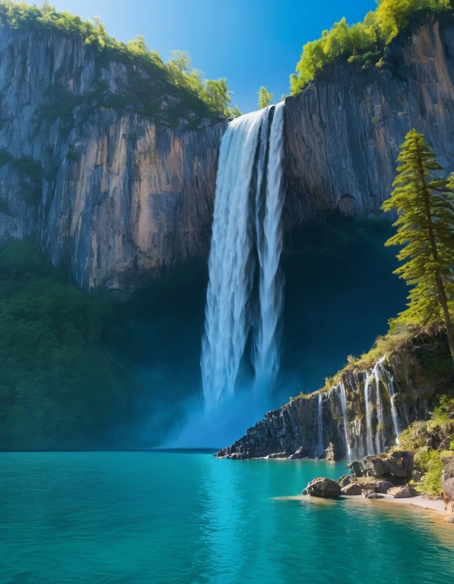 waterfall, cliff, lake, magical beings, fantasy, fantastic