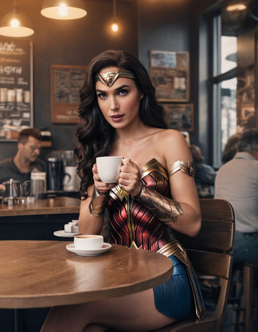 superhero, wonder woman, coffee, cafe, relaxation, superheroine, bikini