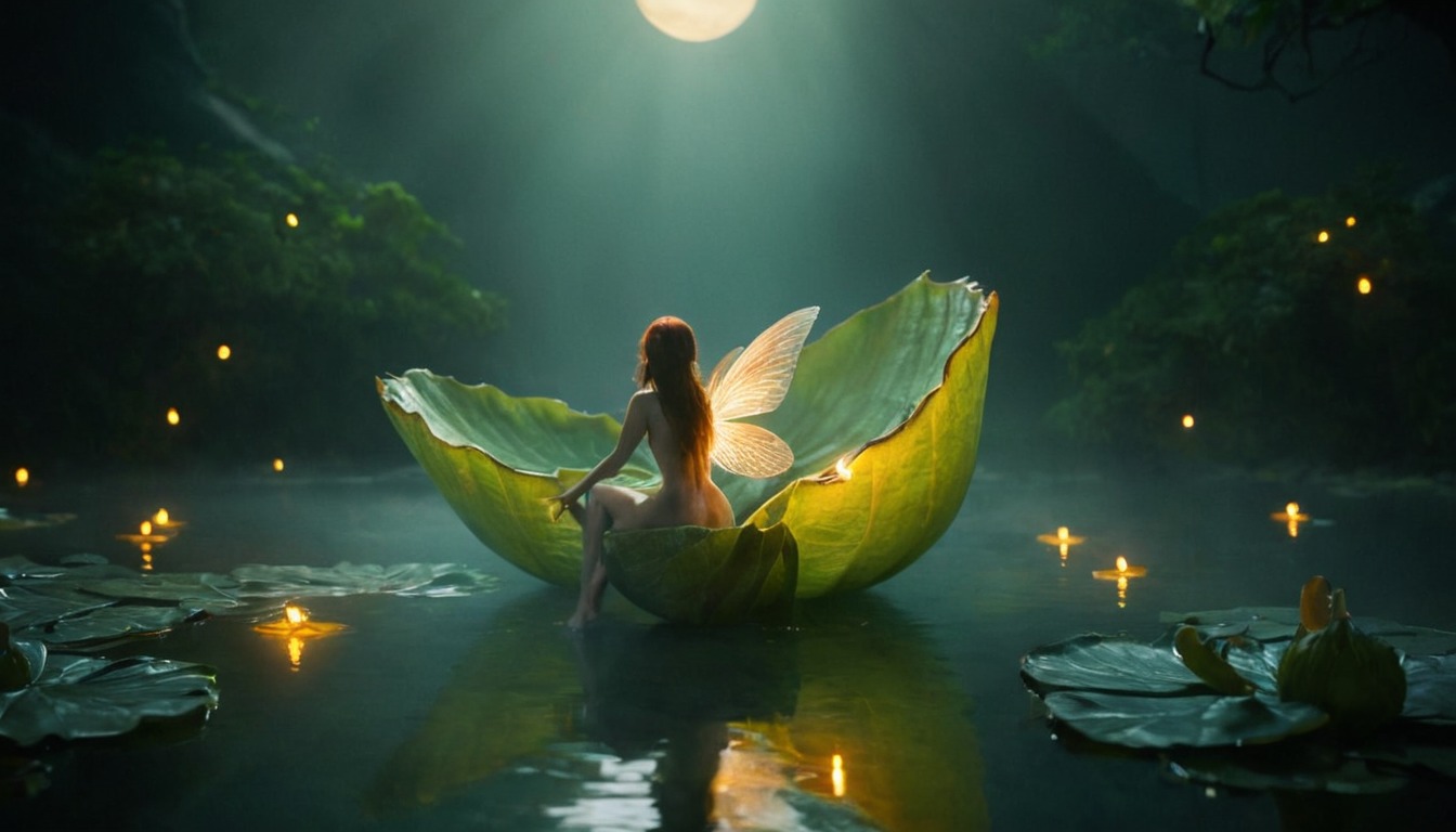 magic, fairy, fairytale, forest, fantasyart, dreamlike, enchantedforest, ethereal, fairytales, fireflies, floating, floatingleaf, gentle, glowing, magicalpond, moonlit, mystical, nature, nightscene, peaceful, pond, serenity, softlight, surreal, waterreflection, whimsical, translucentwings, naturemagic