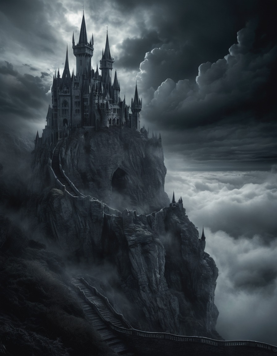 gothic, castle, cliff edge, spires, clouds, underground, dark