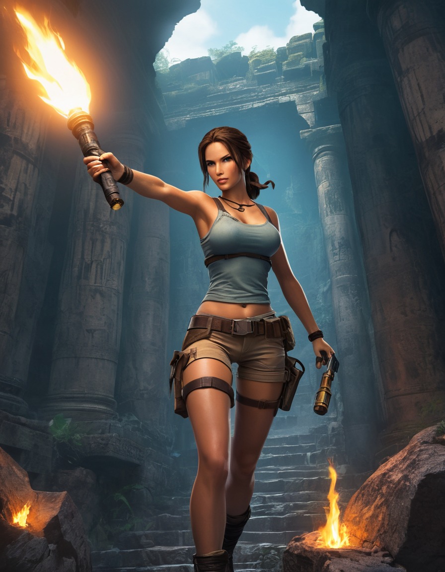 lara croft, tomb raider, adventure, archaeological site, torch, exploration, anime, games