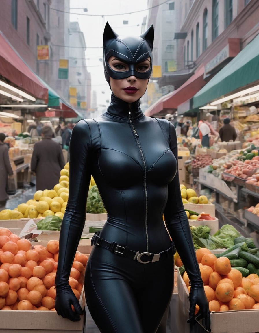 catwoman, grocery shopping, market, city, urban_warrior, superhero, superheroine, bikini