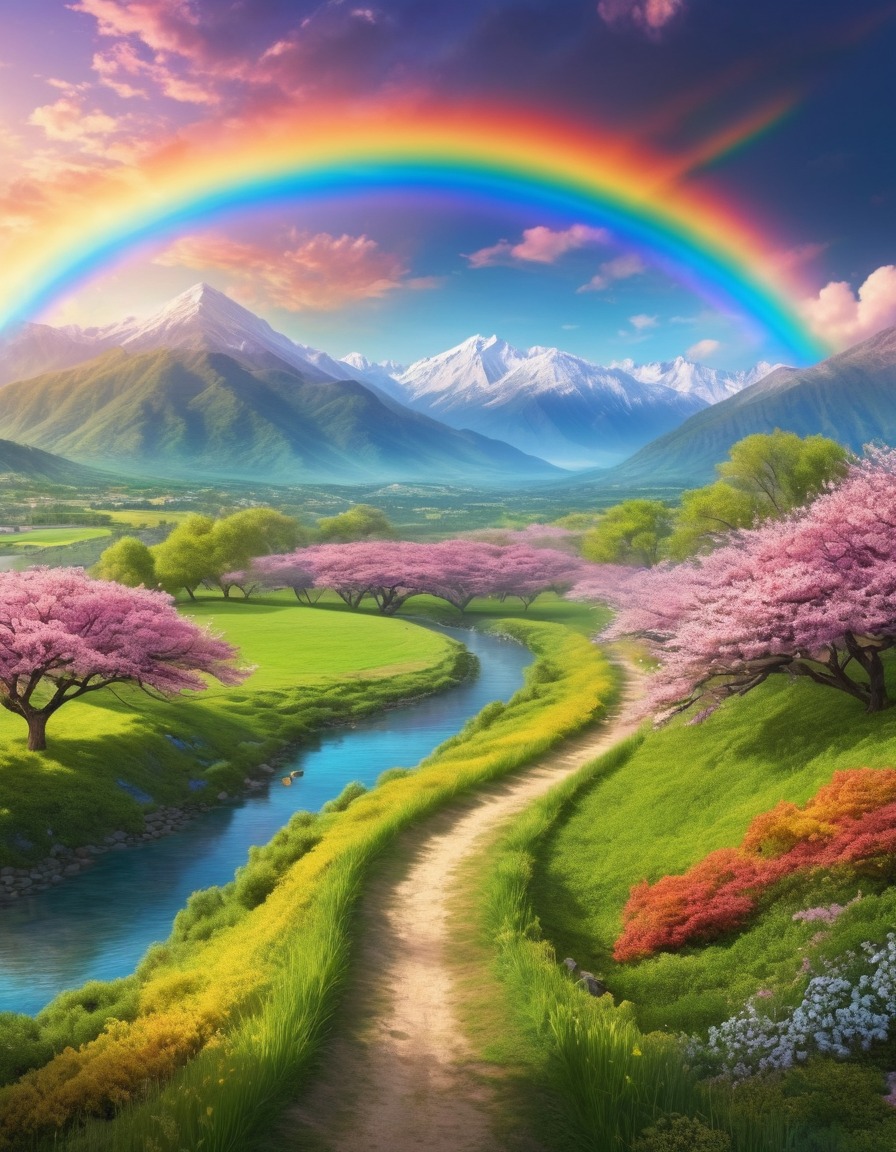 rainbow, valley, cherry blossom trees, colorful, nature