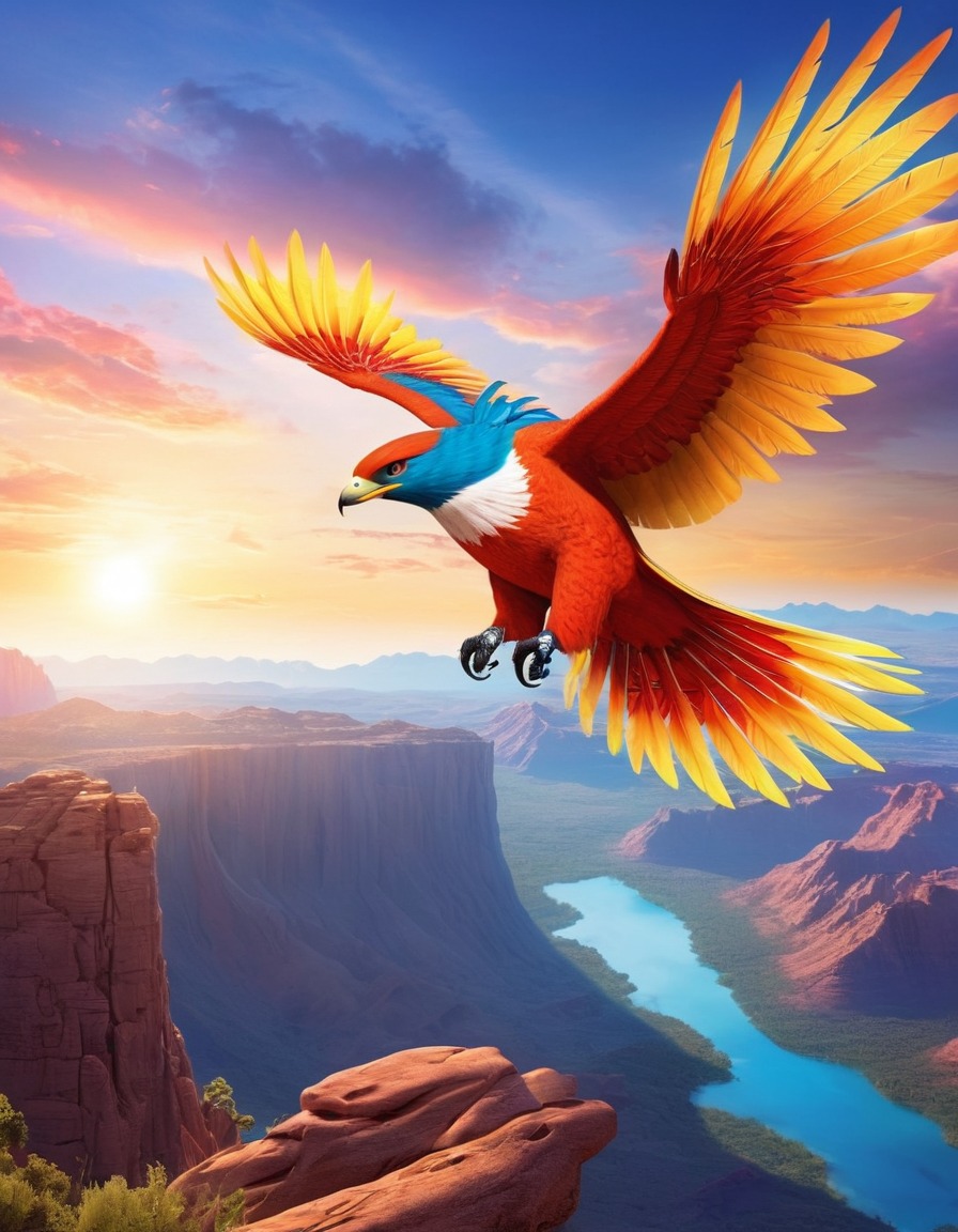 thunderbird, flying, mystical, landscape, fantasy, bird, majestic