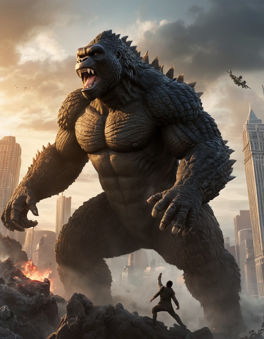 godzilla, king kong, cityscape, battle, kaiju, kong