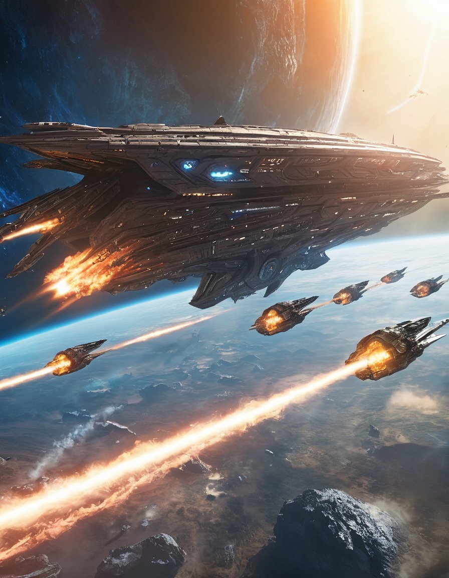 space, massive starship, epic battle, alien fleet, sci-fi, space scene, intergalactic war