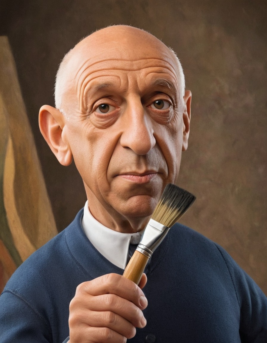 pablo picasso, caricature, humor, art, oversized, paintbrush, funny