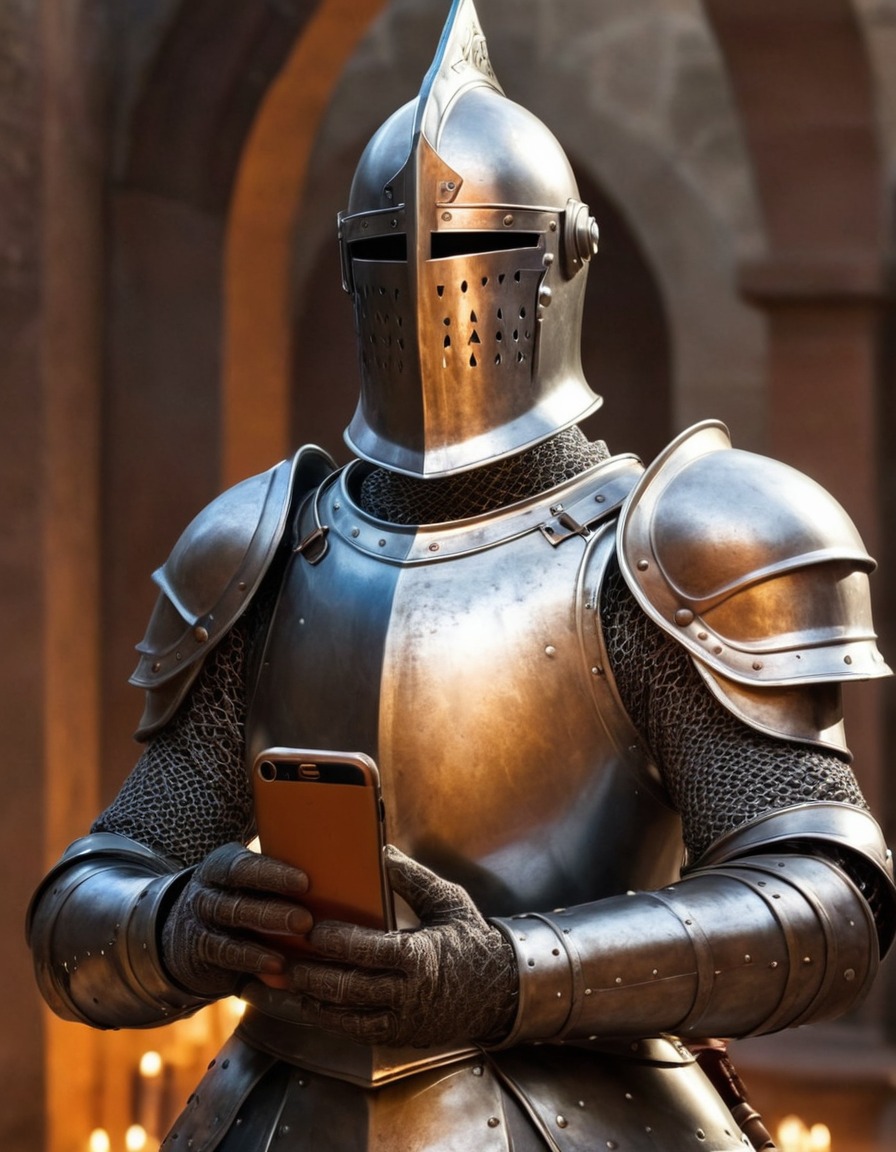 knight, armor, smartphone, technology, medieval, fantasy, art