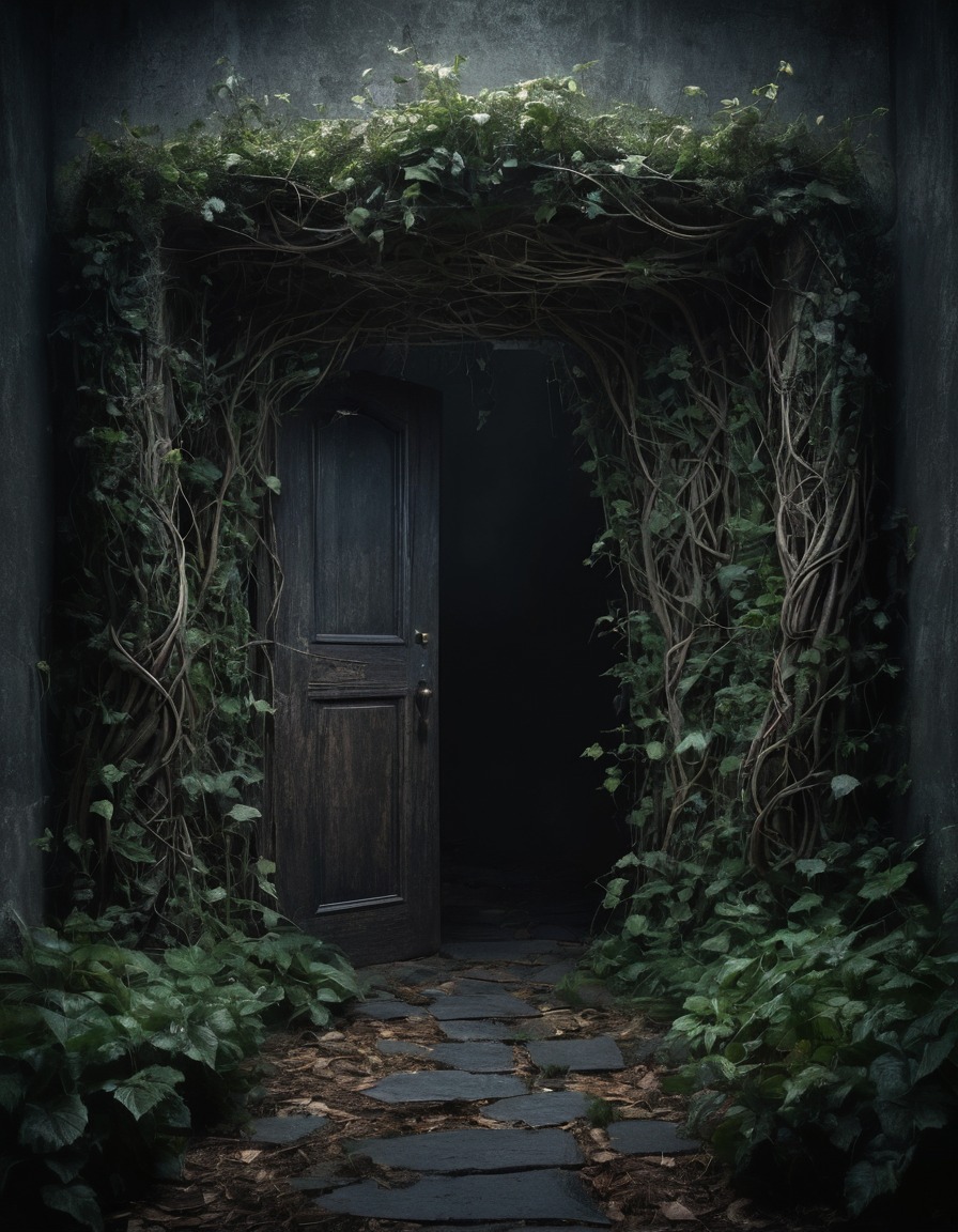 mystical garden, doorway, vines, magical, enchanted, nature, fantasy