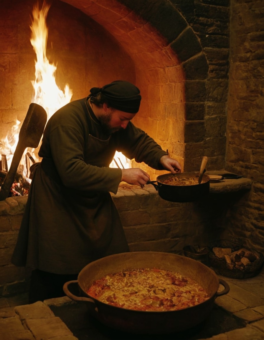 cook, meal preparation, hearth, medieval england, 1300 ad, ancient, cooking