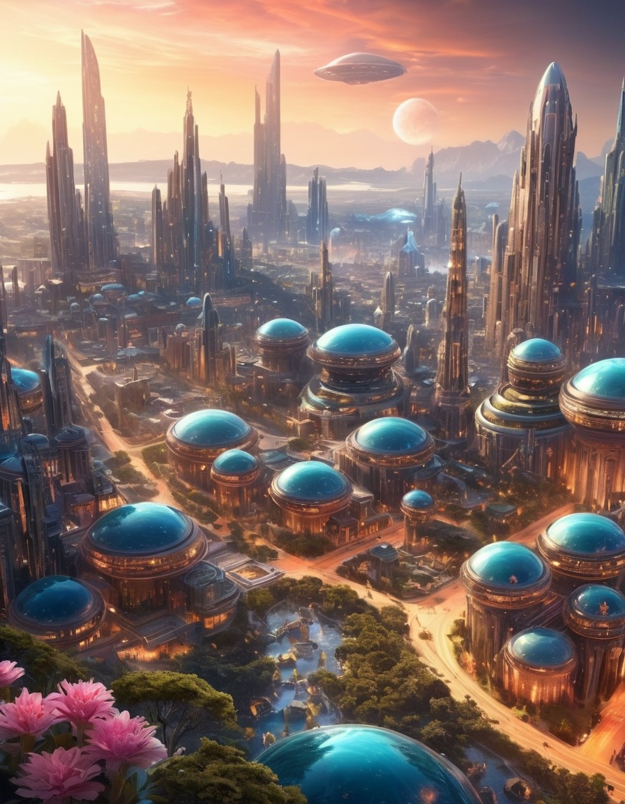 science fiction, extraterrestrial, futuristic, cityscape, crystal buildings, glowing flora, aliens