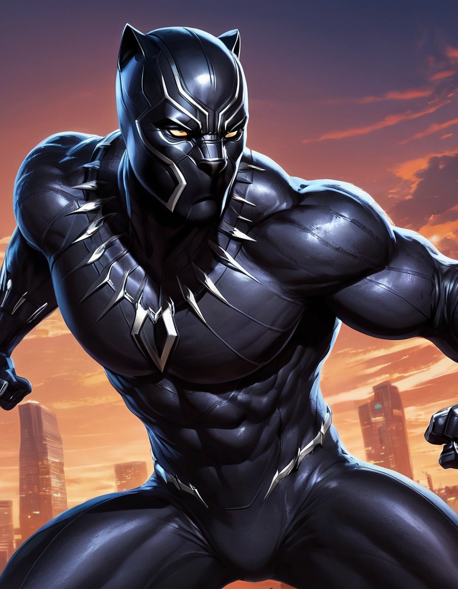 black panther, superhero, comic book, action, dynamic pose, illustration, anime, marvel