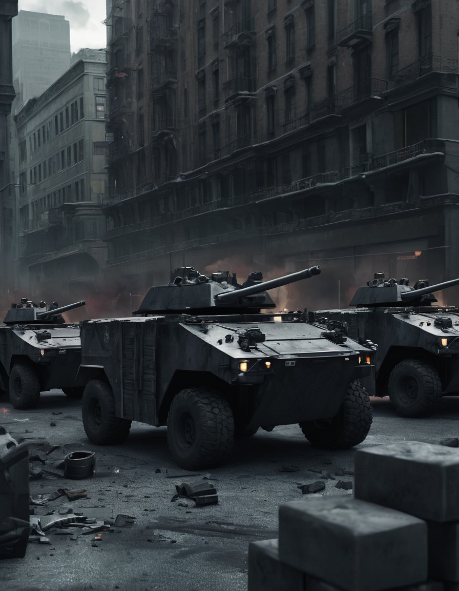 armored vehicles, city block, barricading, potential violence, security precautions, war, usa