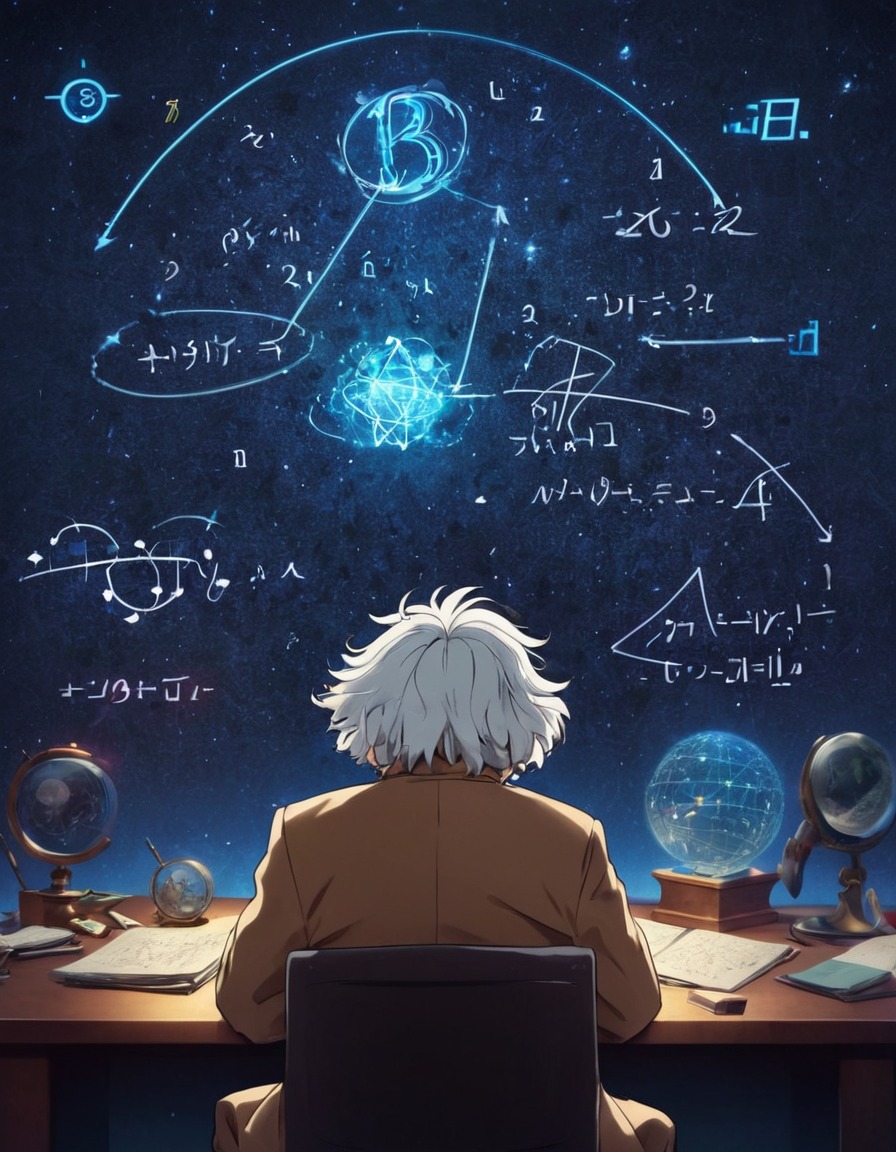 albert einstein, mathematical equations, scientist, deep thinking, physics, anime