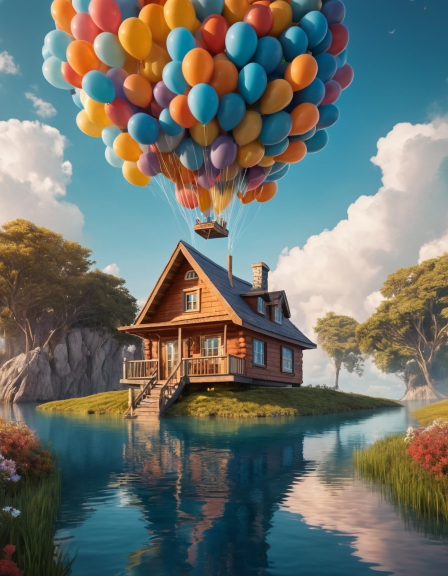 floating house, balloons, unusual architecture, aerial structure, innovative design, creative engineering