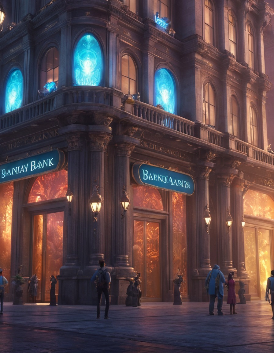 bank fantasy, fantasy city, fictional creatures, financial institution, urban fantasy, magical world, mythical beings