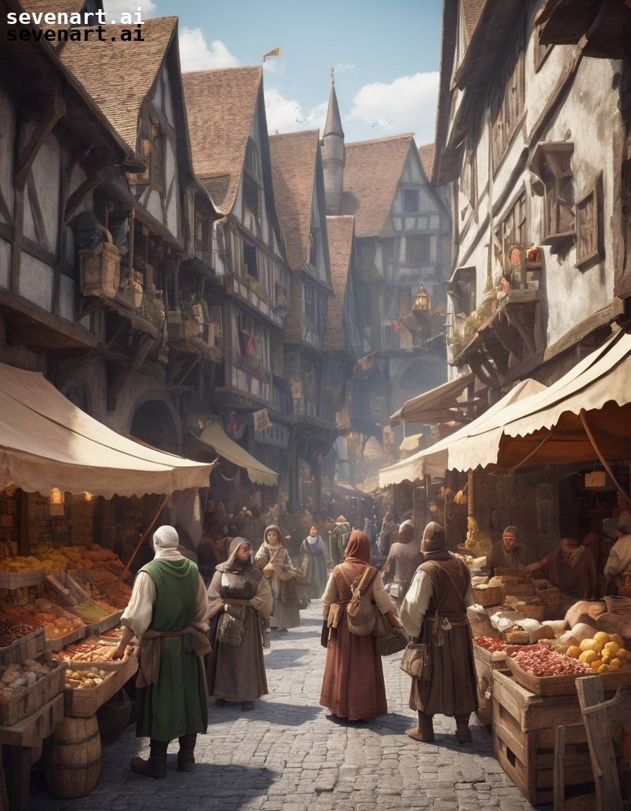 medieval, market, merchants, shoppers, bustling, middle ages