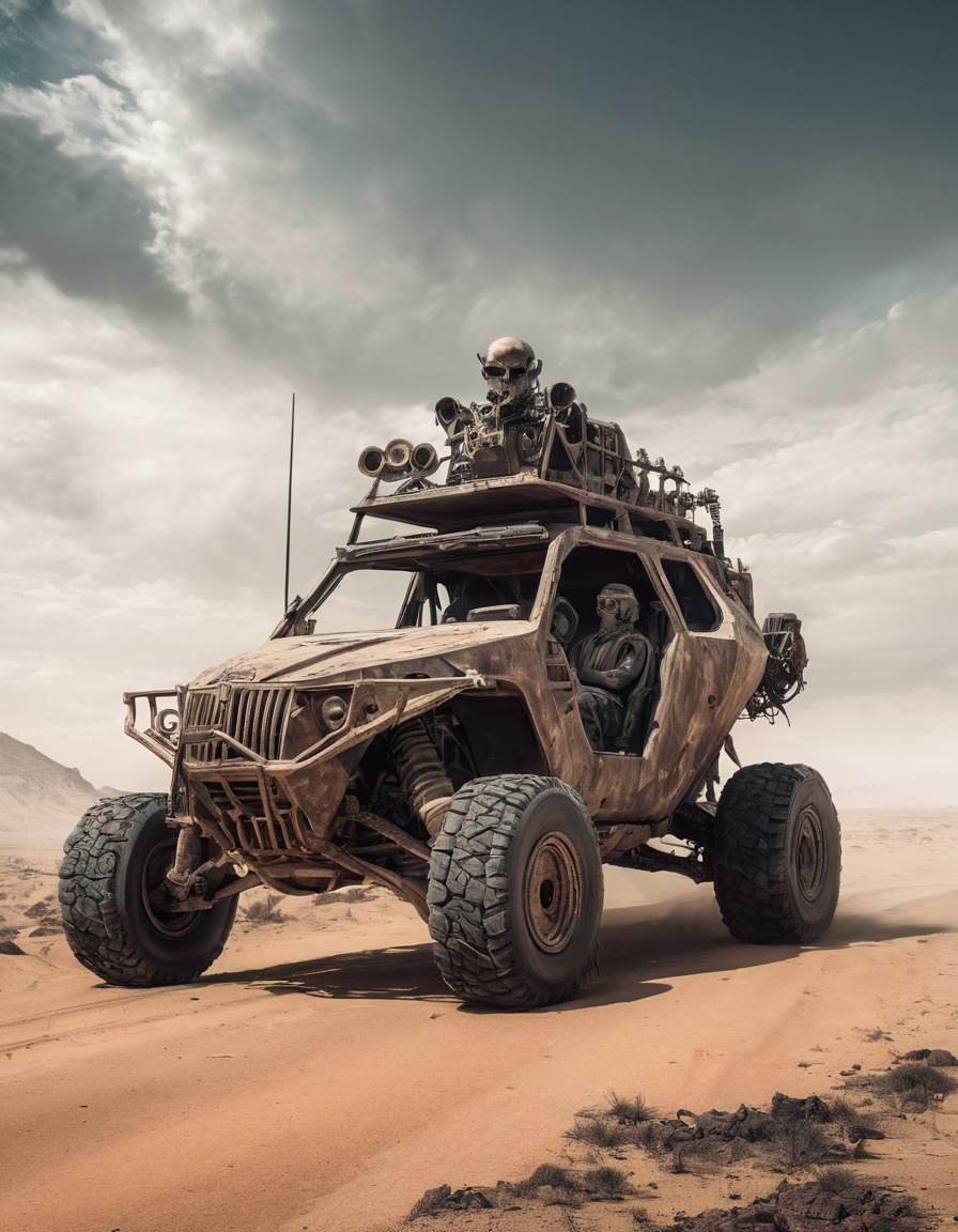 post-apocalyptic, desert wasteland, lone figure, heavily modified vehicle, horizon, apocalyptic scenario, mad max