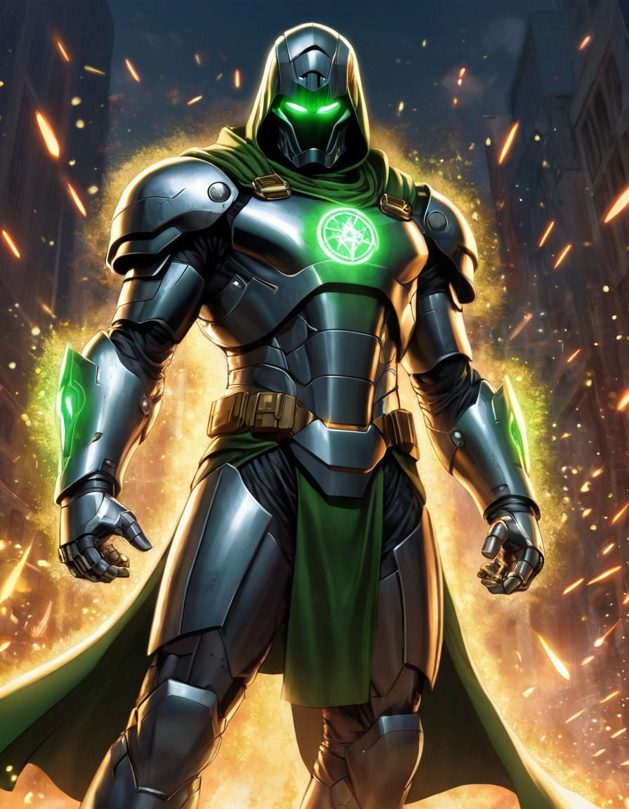 doctor doom, armored suit, sparks, mystical energy, marvel comics, anime, marvel