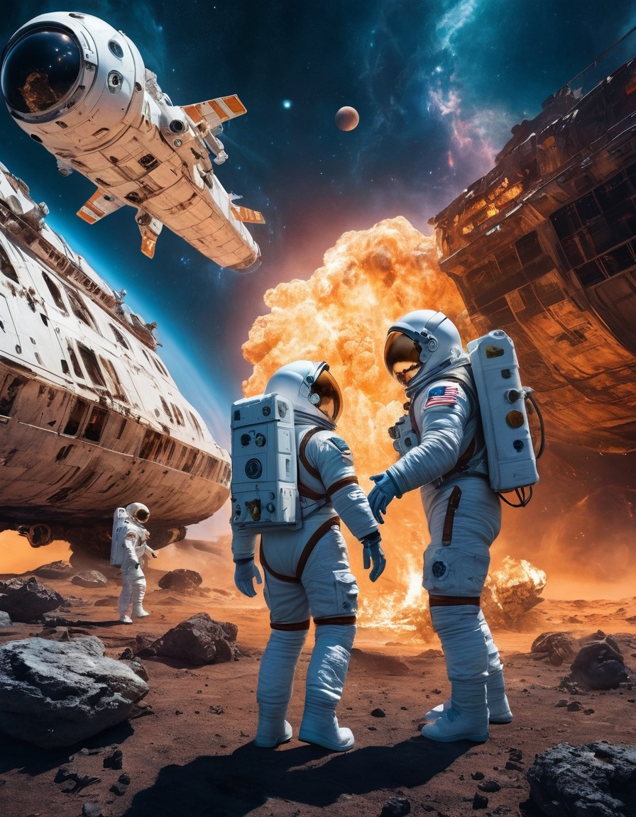 astronauts, spacewalk, space exploration, space scene, damaged ship, astronaut duo, outer space