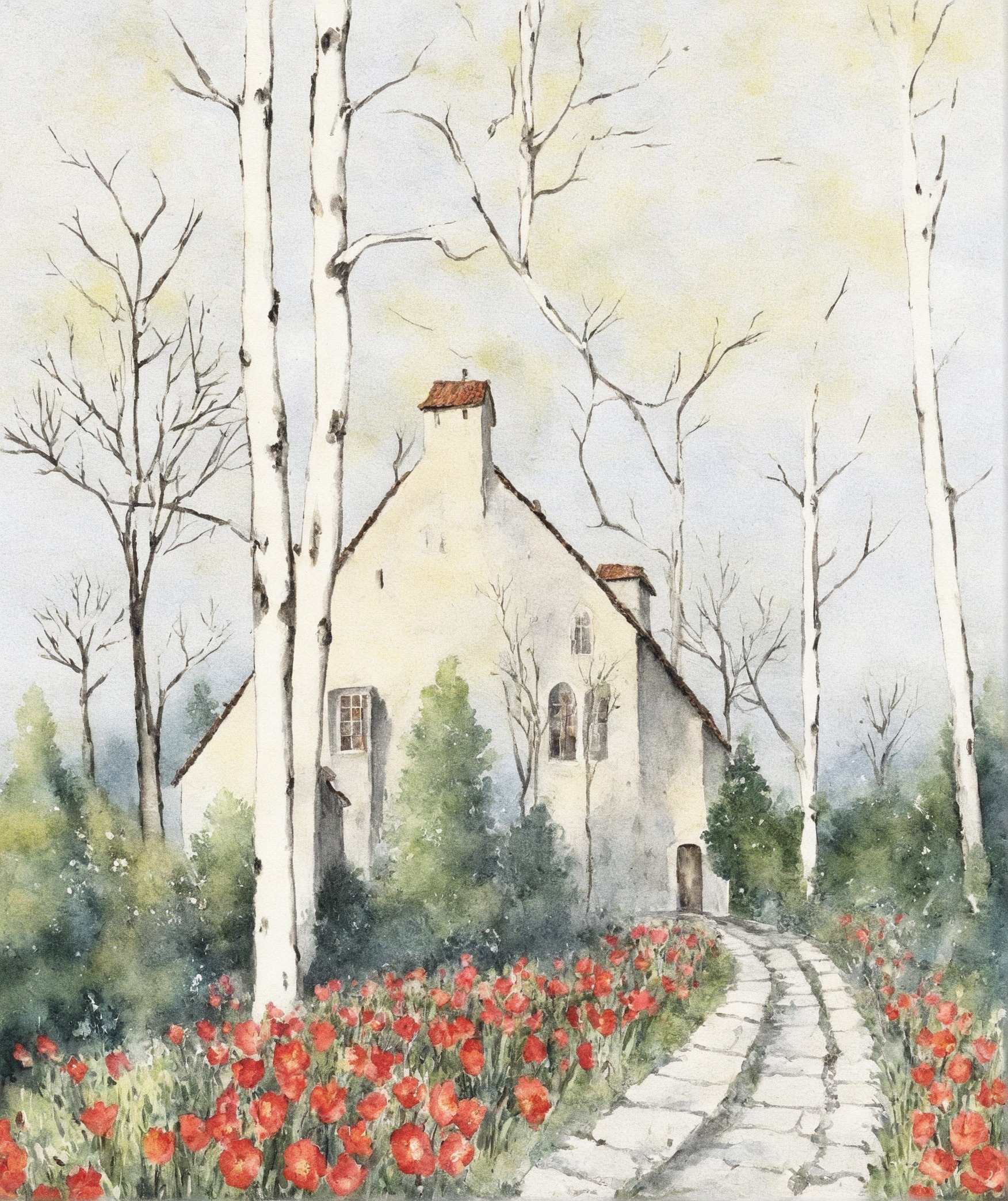 landscape, illustration, tulips, houses