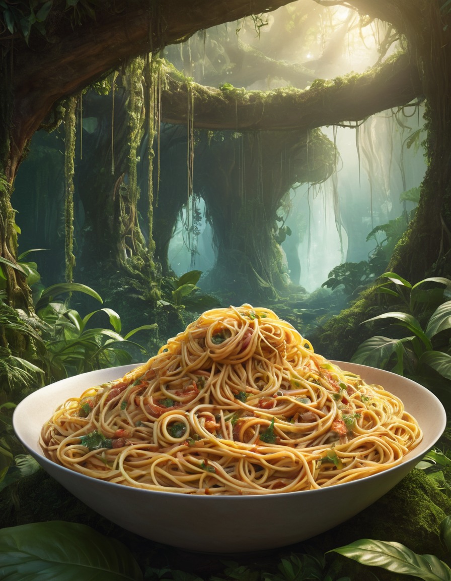 giant bowl, spaghetti, jungle, strange, food sculpture, wilderness, mystery