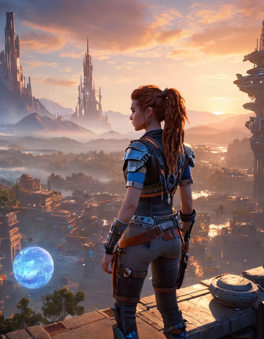 aloy, horizon zero dawn, video game, exploration, futuristic cityscape, dusk, games, girls from games