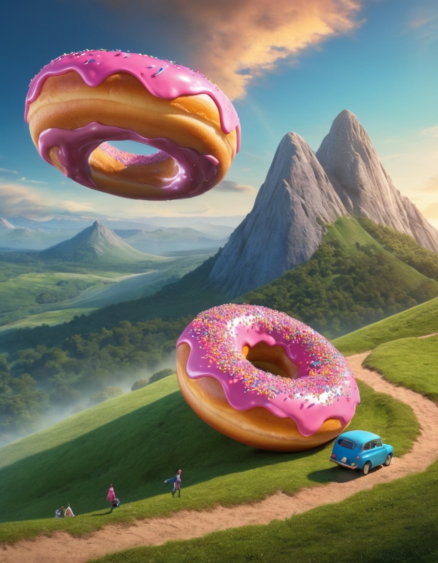 strange, giant donut, rolling, hill, unexpected, surreal, bizarre