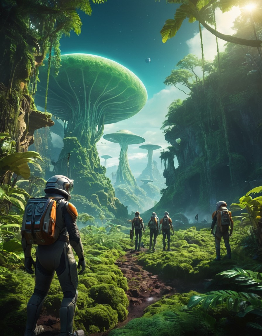 space exploration, alien planet, alien jungle, scientists, lush environment, extraterrestrial, adventure